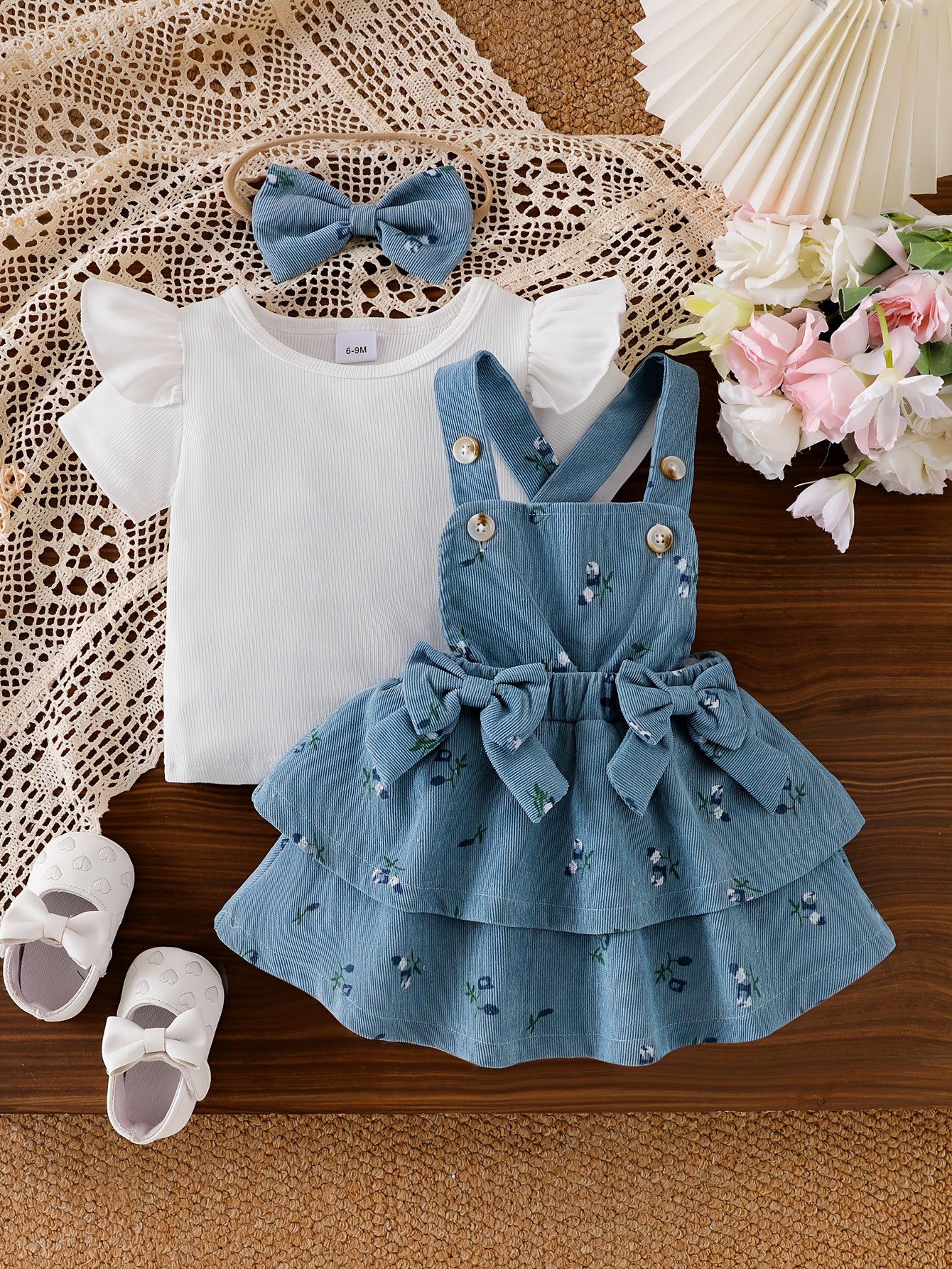 3pcs Baby Girls Set Flutter Sleeve Short Sleeve Tee 3D Bow Floral Print Suspender Skirt Summer Outdoor Play, Perfect for Outdoor