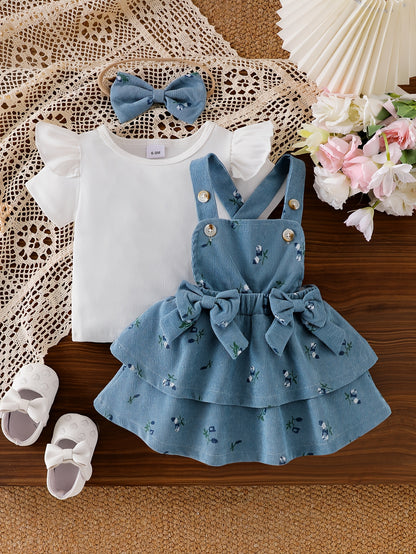3pcs Baby Girls Set Flutter Sleeve Short Sleeve Tee 3D Bow Floral Print Suspender Skirt Summer Outdoor Play, Perfect for Outdoor
