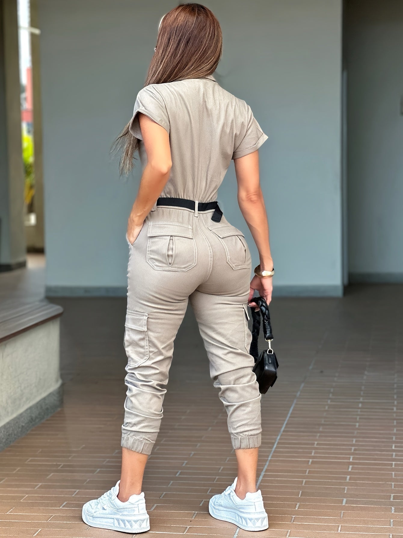 Women's Casual Zip Up Cargo Jumpsuit Short-Sleeve Design with Functional Pockets