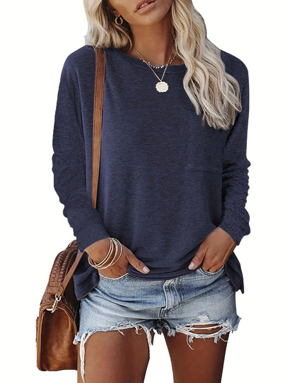3pcs Women's Autumn/Winter Basic Warm Comfortable Split Plain Long Sleeve Chest Pocket T-Shirt Casual Comfortable Top Fashion T-Shirt