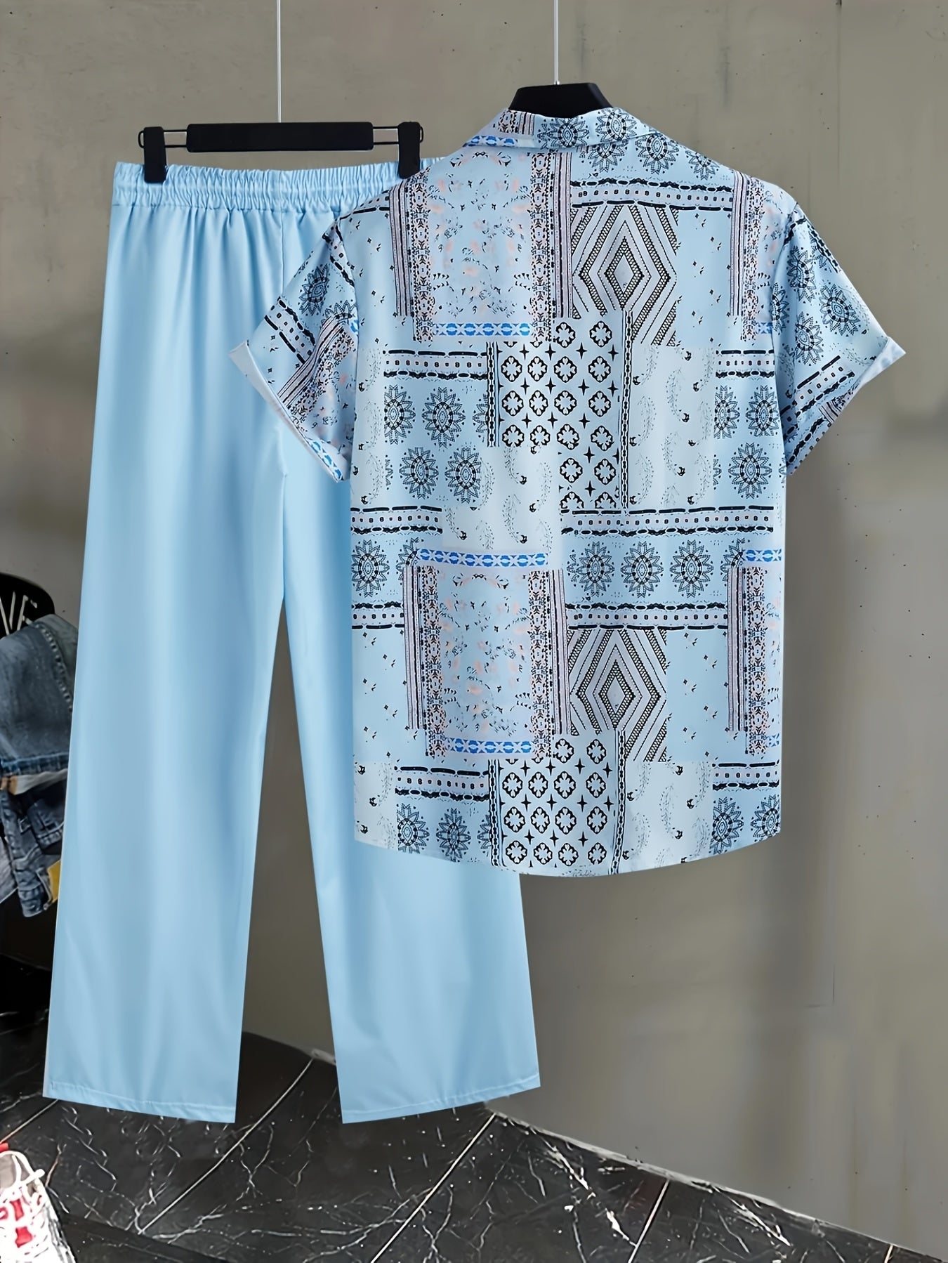 2pcs Men'S Summer Short Sleeve Button-Up Shirt and Pants Set - Light Blue Geometric Print, Casual Regular Fit with Drawstring Waist, Non-Stretch Fabric, Perfect for Casual Attire, Everyday Clothing | Geometric Print Shirt | Woven Fabric Shirt