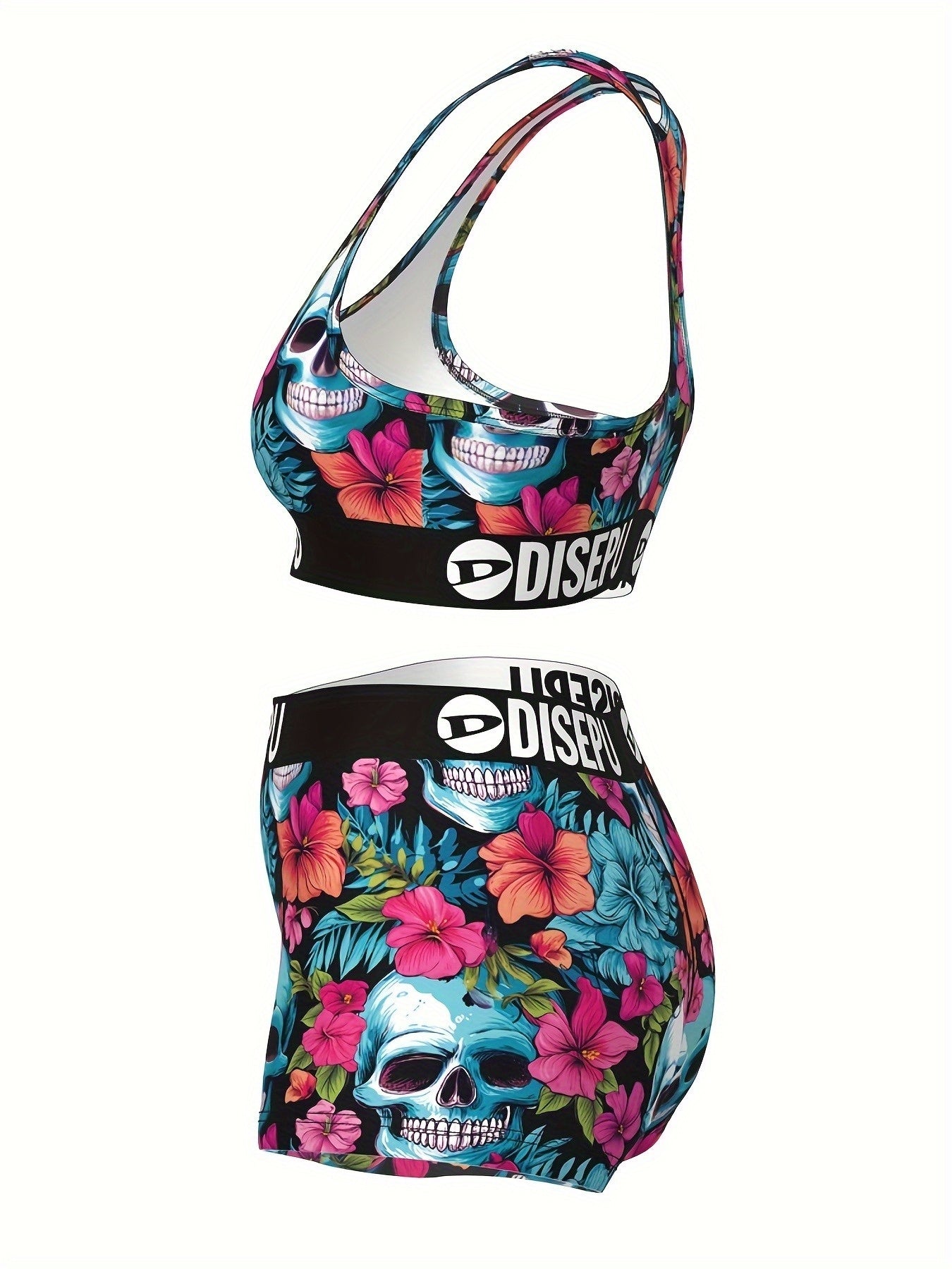 A Vibrant Floral Skull Design Sports Bra And Shorts Combo, Featuring High Elasticity And Breathability, Perfect for Fitness Activities, Swimming, Yoga, Running, And Casual Outings