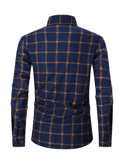 Men'S Heavyweight Long Sleeve Shirt - Thick Winter Jacket with Button Front Placket, Navy Blue & Brown Plaid, Formal & Casual Button-Up Blouse for Office, Outdoor, Everyday - Classic Button-Up Shirt for Men, Winter Jacket, Outdoor Clothing