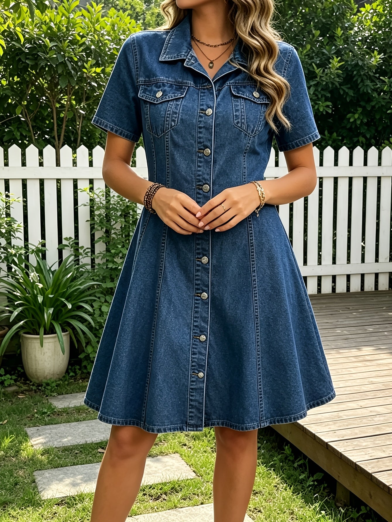 [Machine Washable Skirt Dress] Women's A-Line Denim Skirt Dress with Retro Polo Collar & Short Sleeves - Pocket -Free Short Length Suitable for Daily Wear, Date Nights, Shopping Outfits, Machine Washable Figure-Hugging Skirt Dress