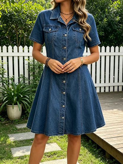 [Machine Washable Skirt Dress] Women's A-Line Denim Skirt Dress with Retro Polo Collar & Short Sleeves - Pocket -Free Short Length Suitable for Daily Wear, Date Nights, Shopping Outfits, Machine Washable Figure-Hugging Skirt Dress