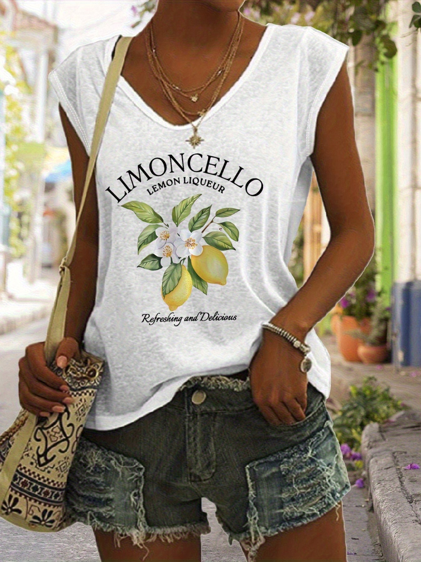 Women's Limoncello Pattern V-neck Vest Top-Sleeveless Casual Summer Spring Top with Limoncelli Bottle Design, Casual Summer Top| Sleeveless Top| Comfortable Fit