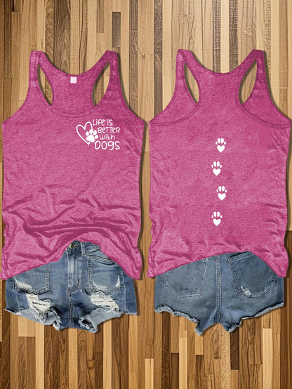 Women's Casual Sleeveless Round Neck Vest - Double-Sided Cat & Dog Paw Print Design, Cotton Lightweight Summer Top, Machine Washable Pet Lover Apparel, Outdoor Relaxation Clothing, Nontransparent Fabric