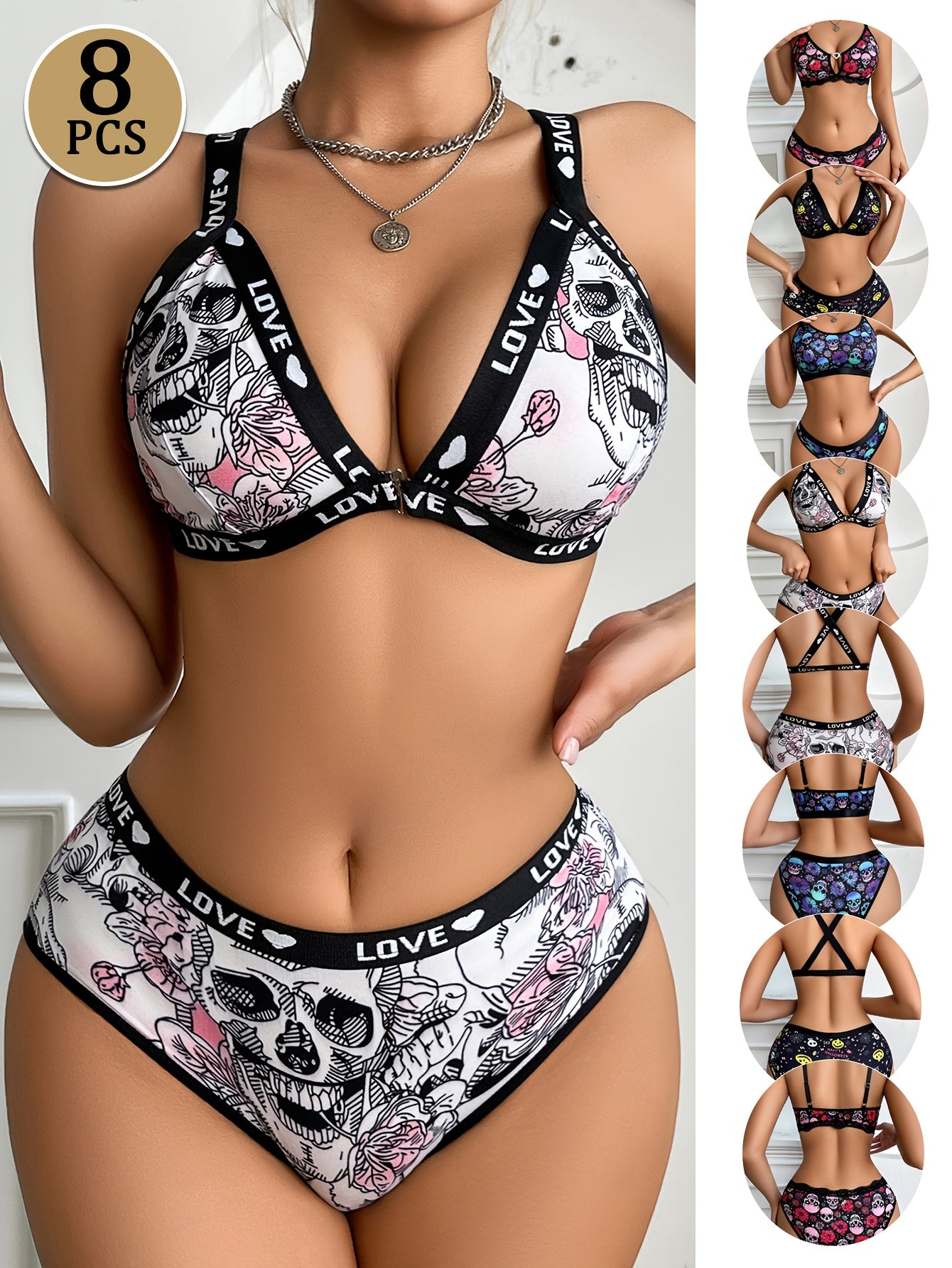 8pcs Sexy Women's Lingerie Sets, Comfortable Sporty Front Closure Bra And Panty Sets, Skull And Floral Prints, Crisscross Shoulder Straps, Breathable And Quick Drying, Suitable for Casual Attire And Exercise, Halloween Lingerie Sets