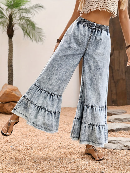 Women'S Large Size Ruffle Hem Denim Wide Leg Raw Edge Pants