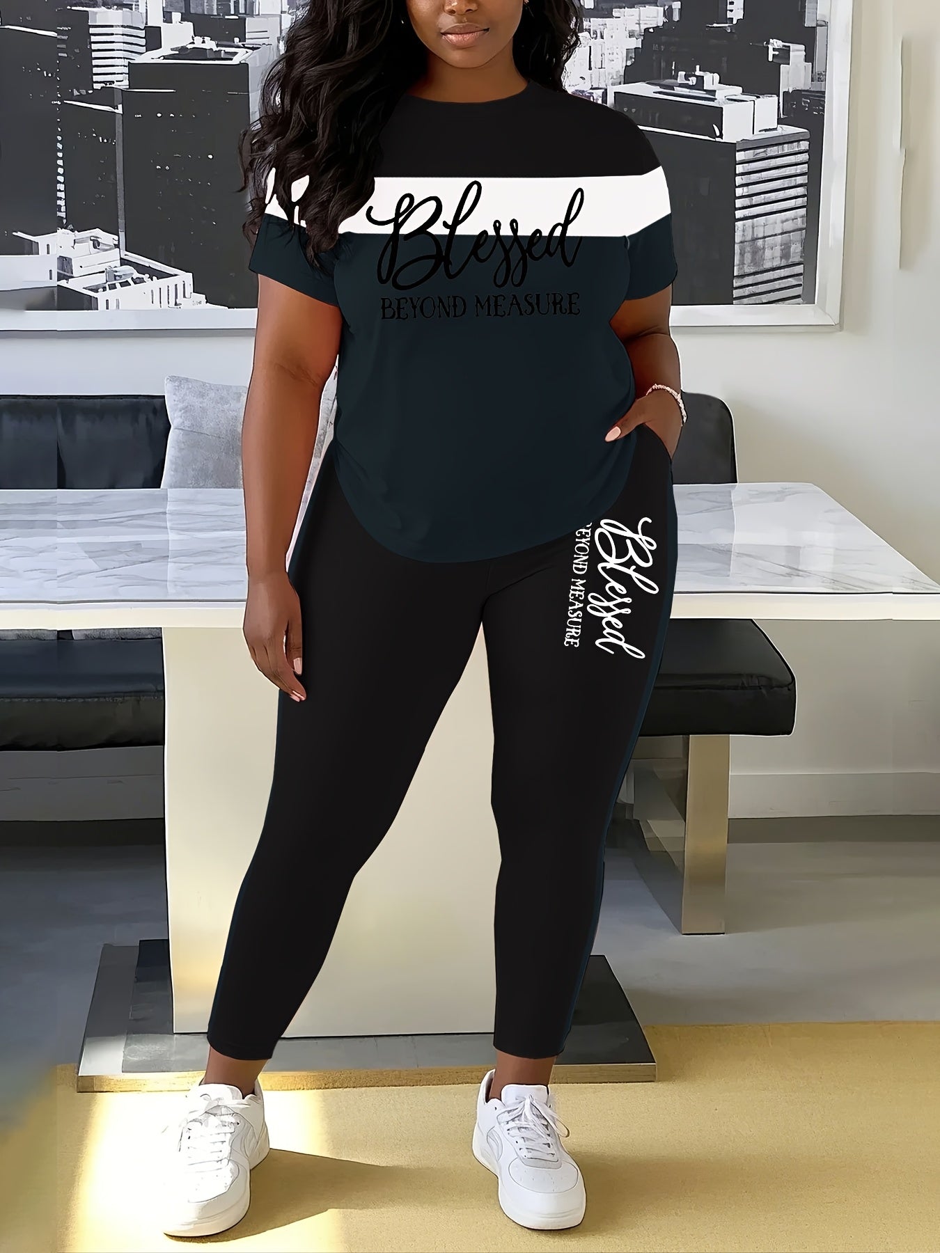 Women's Casual Two-Piece Outfit "BLESSED" Letter Print Color-Block T-Shirt And Pocket Pants Set