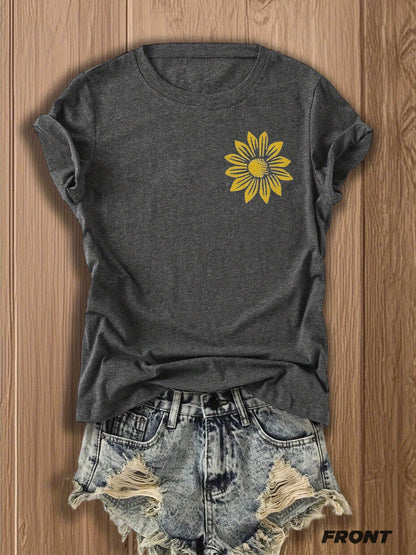 Women'S T-Shirt with Prints on Both Sides, a Gift for Independence Day on June 1St - Attractive Sunflower Design T-Shirt - Retro Style Patterned Top for Women, Perfect for Summer And Casual Outings, Stylish Floral Design