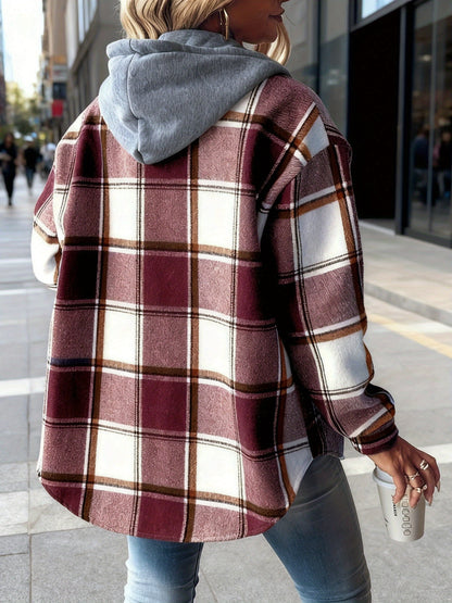 Women's Black and White Checkered Hooded Shirt Jacket, a Popular Warm Outfit for Autumn and Winter. Perfect for Casual and Layered Looks, Autumn/winter Women's Clothing | Women's Apparel, Local Warehouse Discount