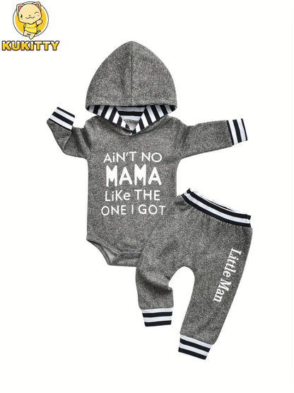 KuKitty Baby Boy 2pcs Hooded Bodysuit & Pants Set - Striped Letter Print "Ain't No Mama Like The One I Got" & "Little for Man Mama" Outfit, Soft Warm Winter Clothes, Machine Washable Boywear (Gray/White), Perfect for Outdoor