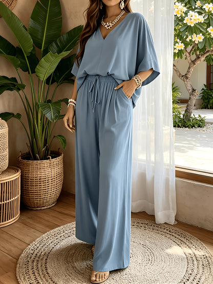 Women'S 2pcs V-Neck Wide Leg Pants Set - Boho Short Sleeve Loose Top & Drawstring Waist Outfit, Summer Beach Loungewear For Vacation, Perfect For Holiday And Daily Wear
