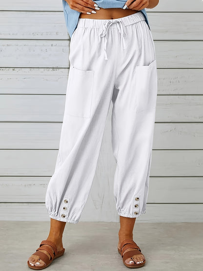 [3pcs Loose-Fitting Pants] Plus Size - 3pcs Loose-Fitting High-Waisted Buttons, Large-Size And Linen Pants, Nine-Point Pants, Wide-Leg Men's And Women's Same Belt Pockets, Convenient For Going Out. Casual Trousers, Elastic Waist