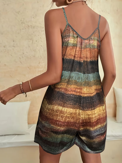 Women's Elegant Off-Shoulder Jumpsuit - Sleeveless Polyester Overalls with Pockets, Colorful Abstract Print, Perfect for Spring/Summer