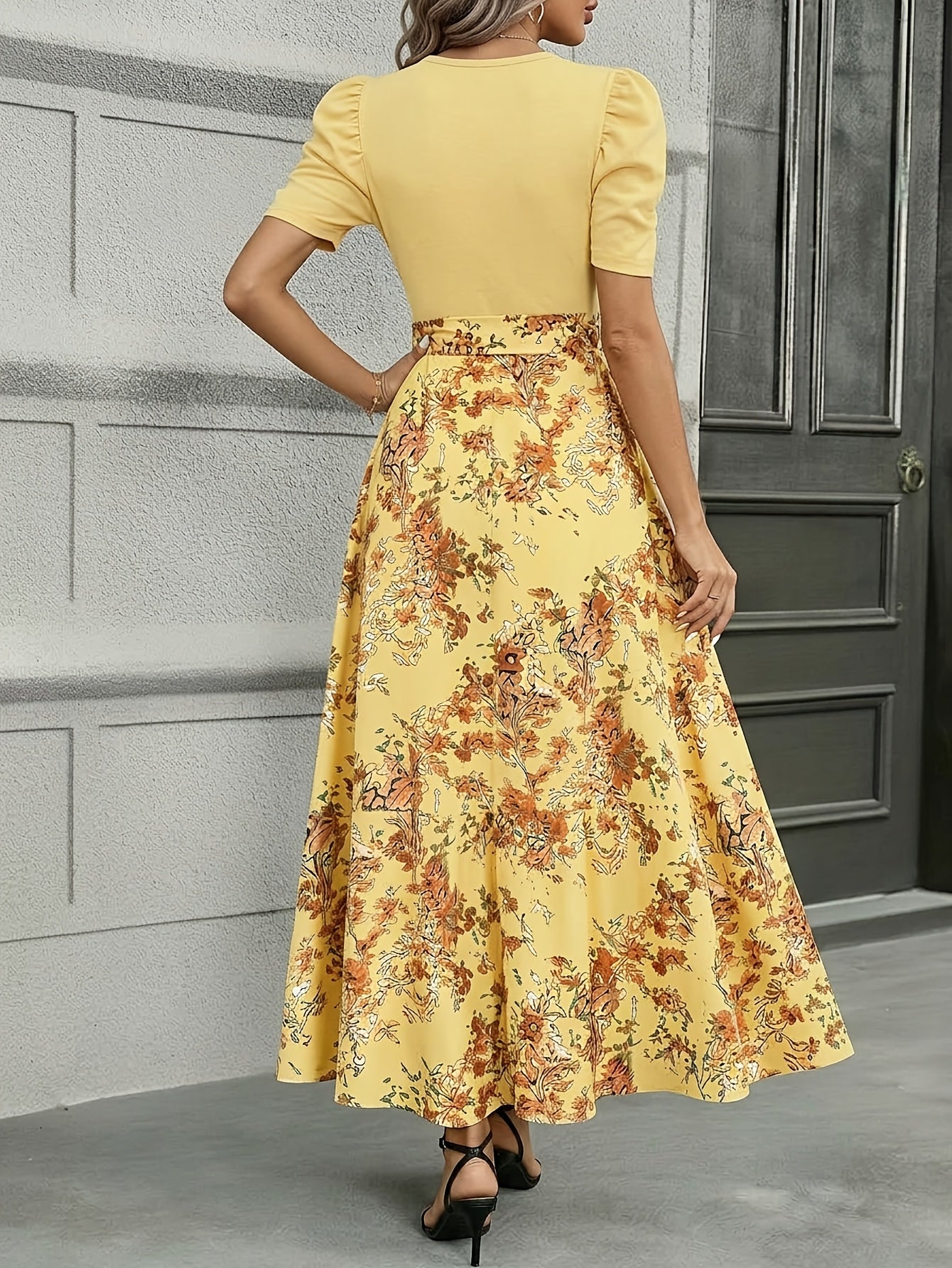 Women'S Floral Cinched-Waist Casual Long Dress, Suitable for Light Business Gatherings | Weekend Afternoon Tea And Similar Occasions, Elegant And Refined