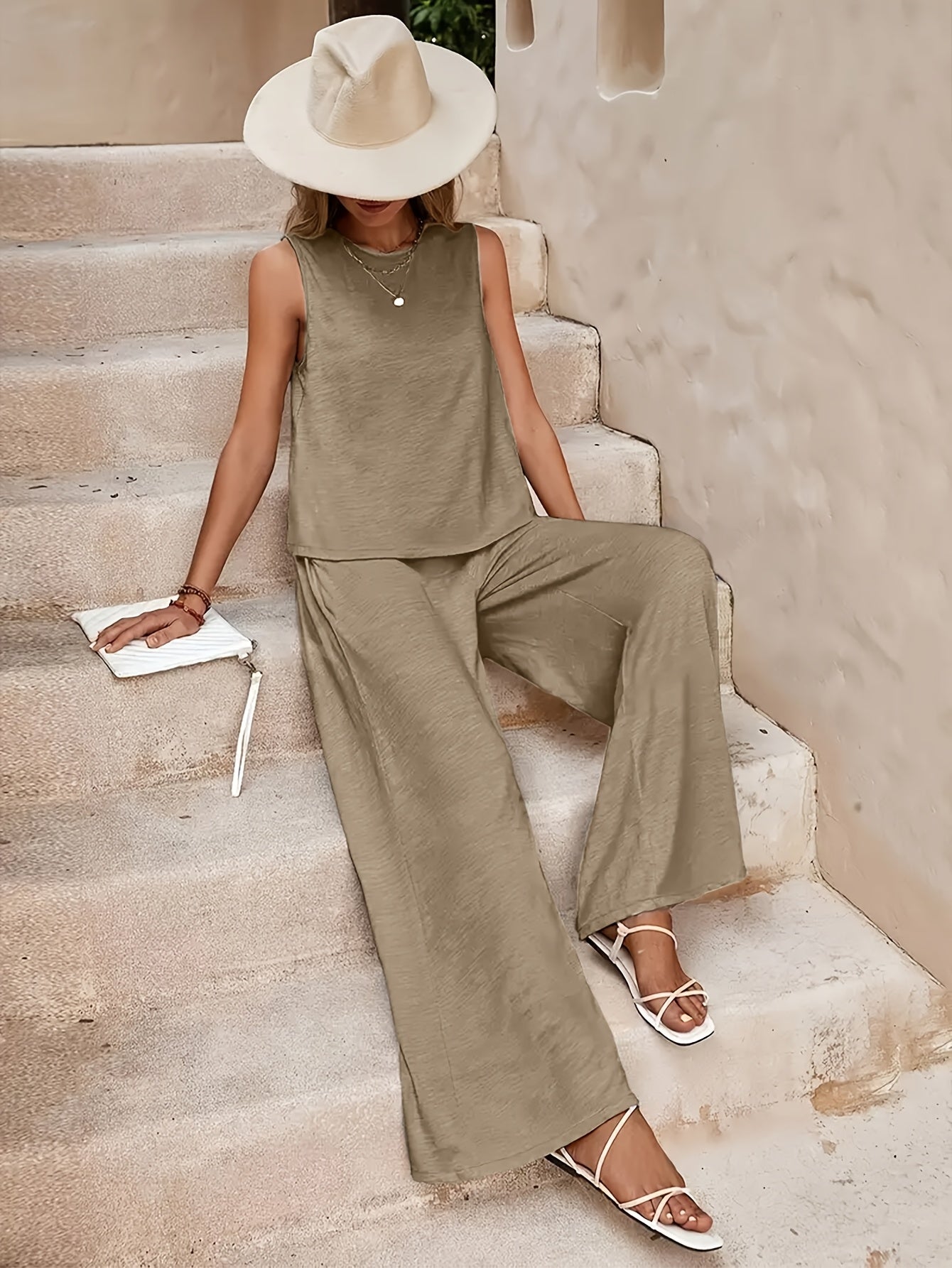 Lady'S Fashionable Red Sleeveless Top And Wide-leg Pants Set - Fiber, Solid Color, Suitable For Spring And Summer Casual Wear
