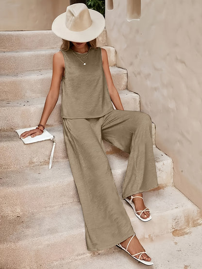 Lady'S Fashionable Red Sleeveless Top And Wide-leg Pants Set - Fiber, Solid Color, Suitable For Spring And Summer Casual Wear