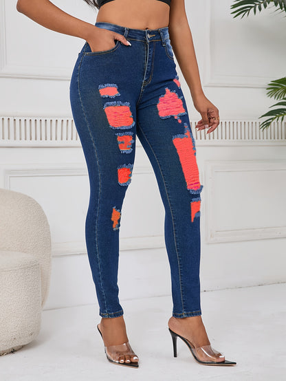 Women Distressed Jeans Women`S Waist Stretch Denim Pants Color Ripped Yellow Detail Skinny Jean for Women