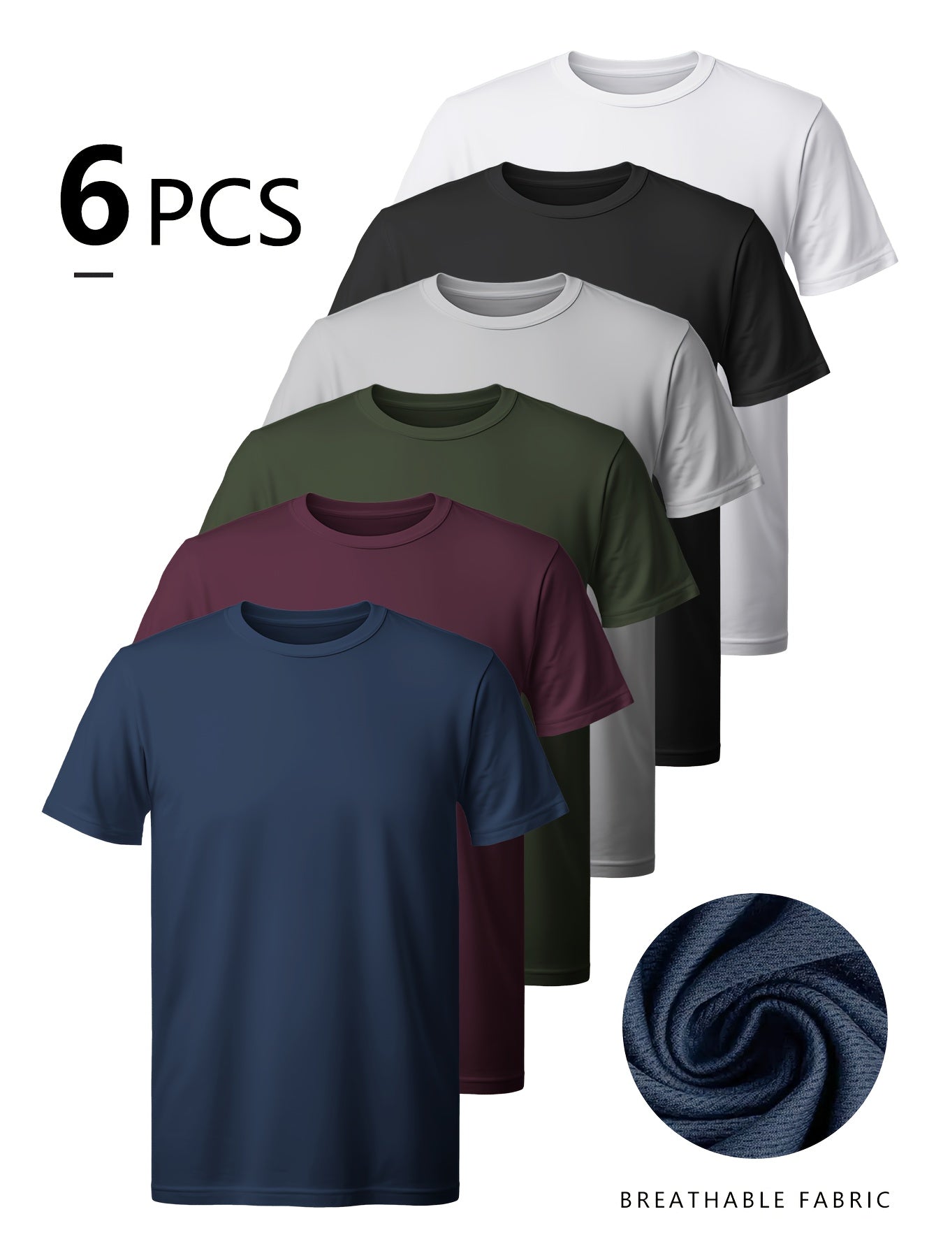 6-Pc Men'S Athletic T-Shirts - 100% Polyester, Quick-Dry, Moisture-Wicking, Crew Neck, Short Sleeve, Summer Knit Fabric, Regular Fit, Solid Color, for Gym, Running, Outdoor Activities