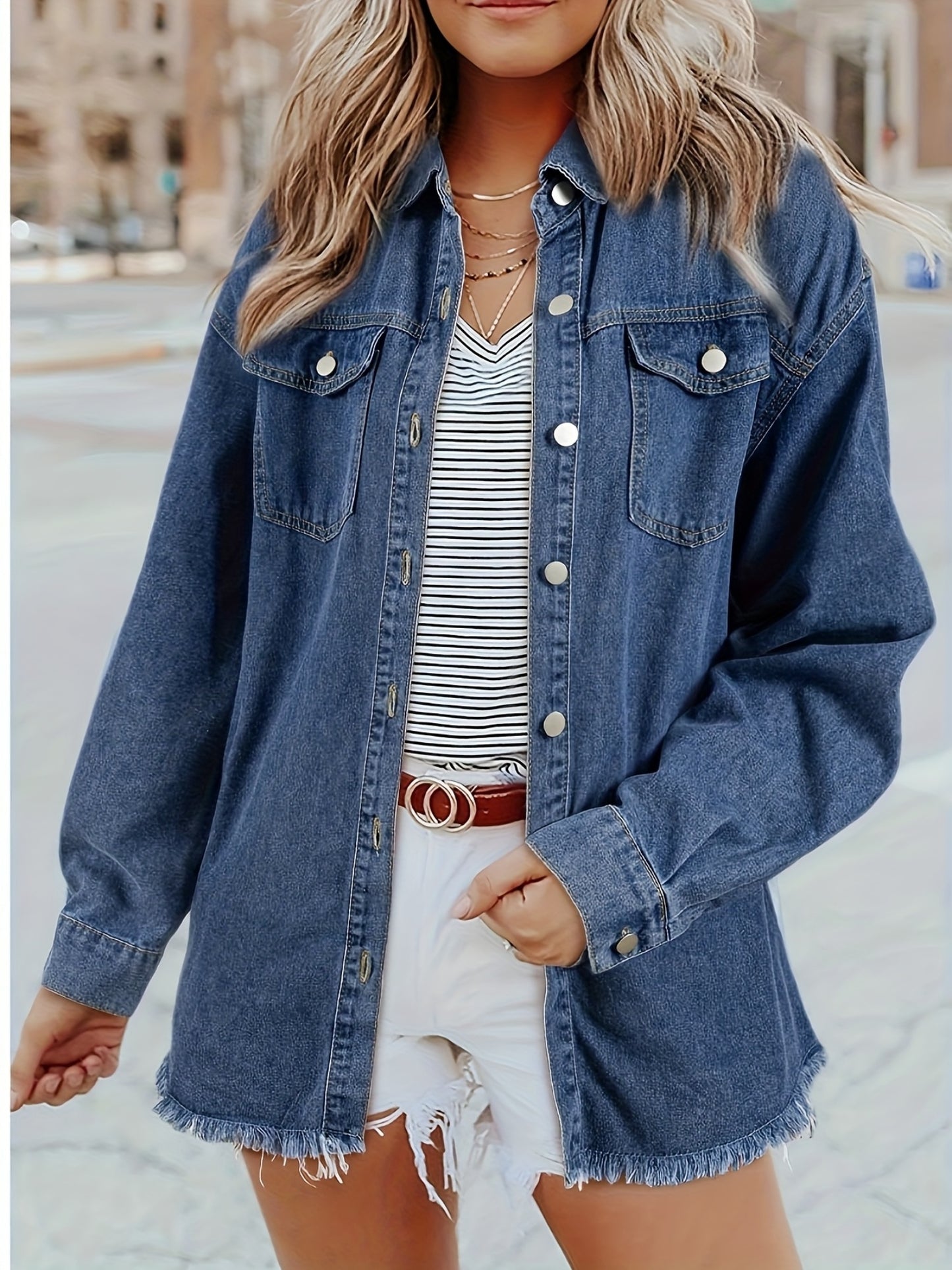 Casual Long-Sleeve Oversized Denim Jacket for Women, Distressed Jean Shirt for Fall Outfits in 2025