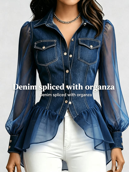 [Elegant Denim Tulle Jacket] Women's Elegant Summer Blue Denim and Tulle Patchwork Long-Sleeve Ruffle Jacket