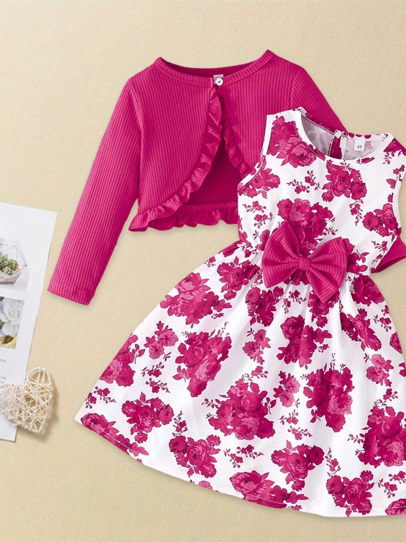 Kid Toddler Baby Girl Fall Outfit Ruffle Trim Long Sleeve Cardigan Flower Print Sleeveless A-line Tank Dress with Bow 2pcs Set, Perfect for Outdoor