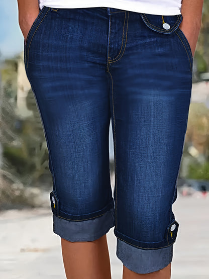 Women'S Plus Size Denim Blue Cropped Jeans | High Waisted Cuffed Hem with Front Pockets, Ankle Decor Buttons, Single Button & Zipper Fly, Street Trendy Casual for Spring/Summer/Fall Wear
