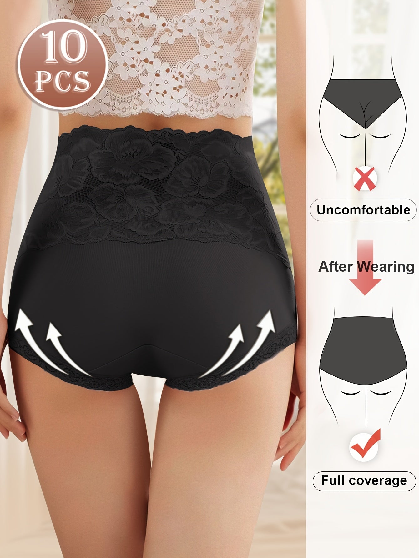 10Pack MIOTAN Elegant Lace Panties - High-Waisted Tummy Control, Fabric, Full Coverage Comfort Fit, Soft And Breathable, Everyday Wear Solid Colors, Classic Brief Style