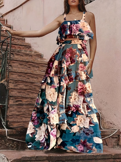 Spring/Summer New Beach Edge Holiday Style Printed Two-Piece Peplum Halter Top Cake Skirts Boho Skirts Casual Suit
