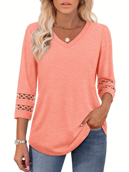 Three-piece Women'S 3/4 Long-sleeved Top, Fashionable Ladies' Casual Shirt, V-neck Lace Three-quarter Sleeve T-shirt