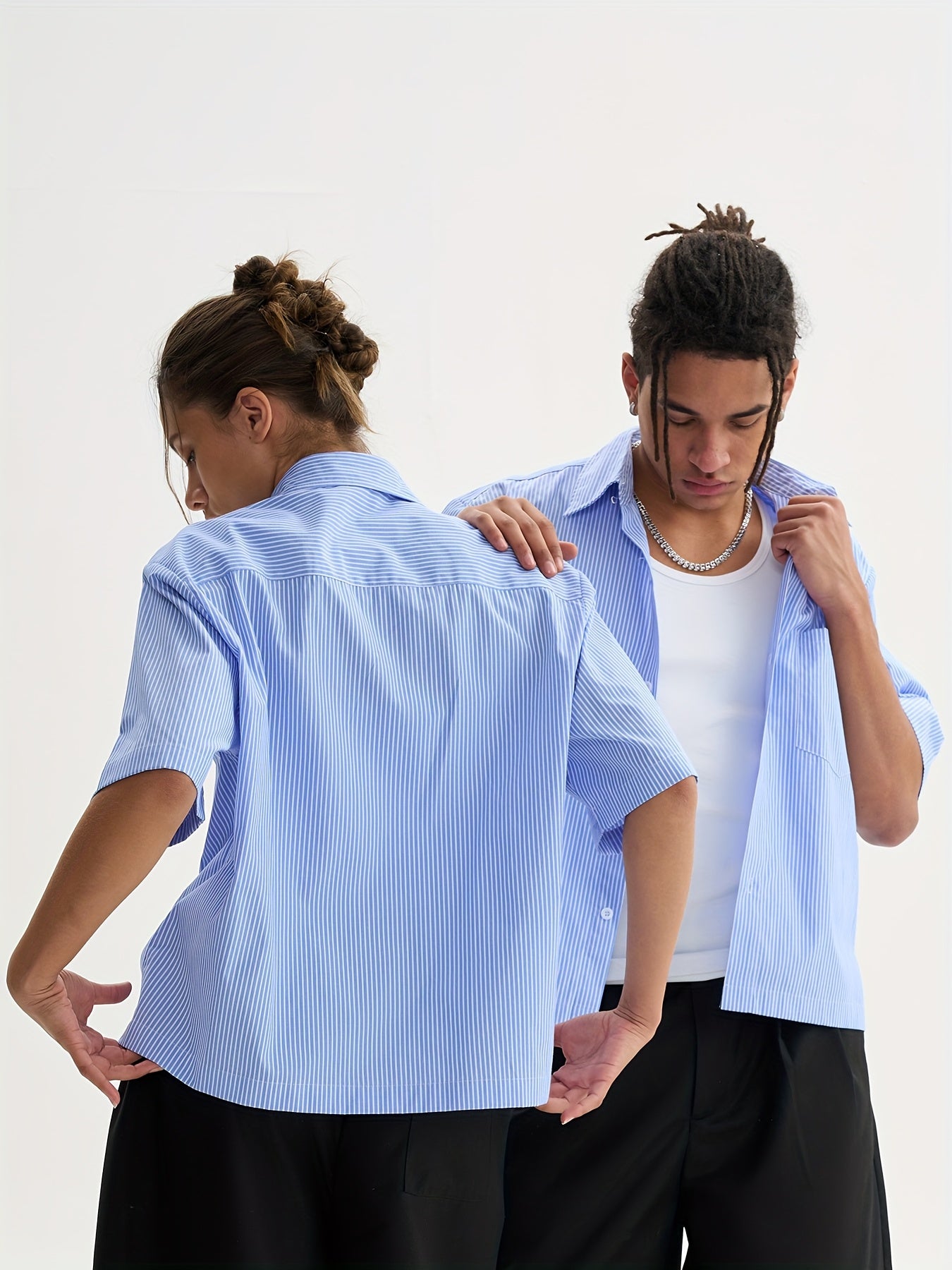 Unisex Casual Striped Shirt - Oversized, Loose Fit, Short Sleeve with Chest Patch Pocket | Lightweight Polyester Fabric | Perfect for Everyday, Beach, Party & Streetwear | Casual Attire | Chic Casual Style | Nontransparent Fabric