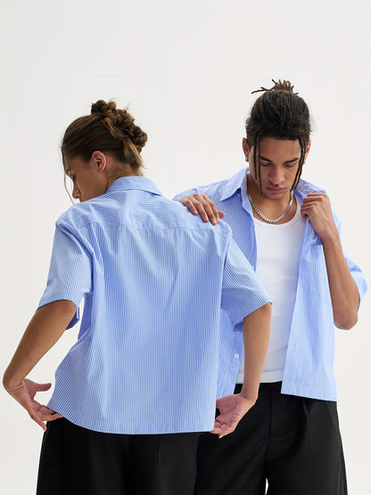 Unisex Casual Striped Shirt - Oversized, Loose Fit, Short Sleeve with Chest Patch Pocket | Lightweight Polyester Fabric | Perfect for Everyday, Beach, Party & Streetwear | Casual Attire | Chic Casual Style | Nontransparent Fabric