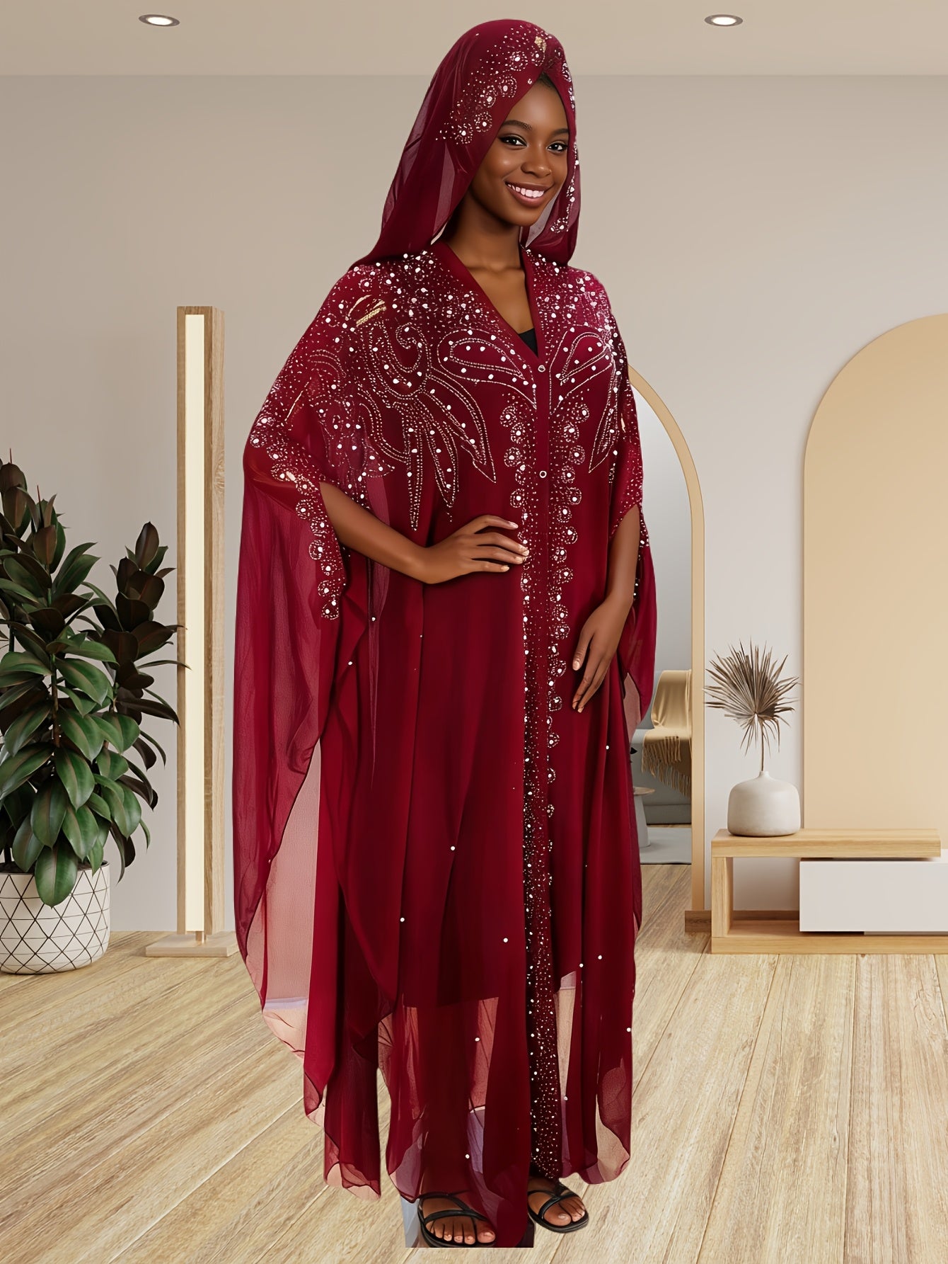 A Batwing Sleeve Shawl Wrap Adorned with Royal Blue Rhinestones, Inspired by Middle Eastern Styles. This Plus-Size Semi-Sheer Tunic Features a Loose Fit, Beaded Accents, And a Slit Hem, Perfect for Summer Weddings, Parties, And Cultural Gatherings