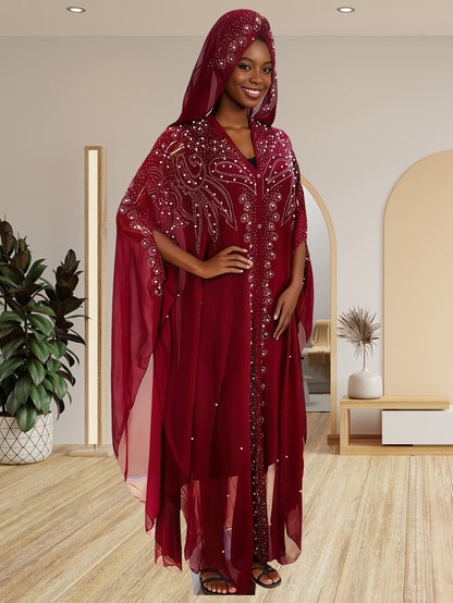 A Batwing Sleeve Shawl Wrap Adorned with Royal Blue Rhinestones, Inspired by Middle Eastern Styles. This Plus-Size Semi-Sheer Tunic Features a Loose Fit, Beaded Accents, And a Slit Hem, Perfect for Summer Weddings, Parties, And Cultural Gatherings