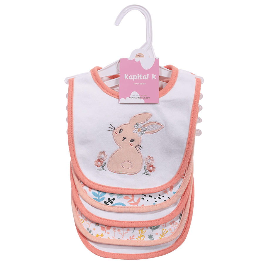 Kapital K 5pcs! Double - Layered Absorbent Cotton 5 - Piece Set with Cartoon Embroidery and Magic - Tape Adjustable Feeding Bibs for 0 - 3 Year - Olds, Boys & Girls