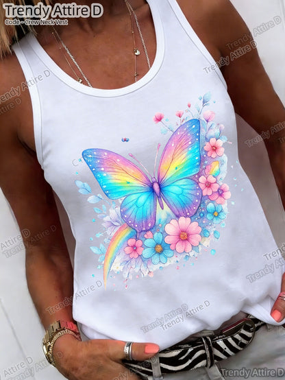 Sweet Style Round-Neck Vest, Printed Round-Neck Vest, Fashionable Design Pattern, Holiday Outfits Essential Summer Items for Women, Women'S Fashionable Summer T-Shirts