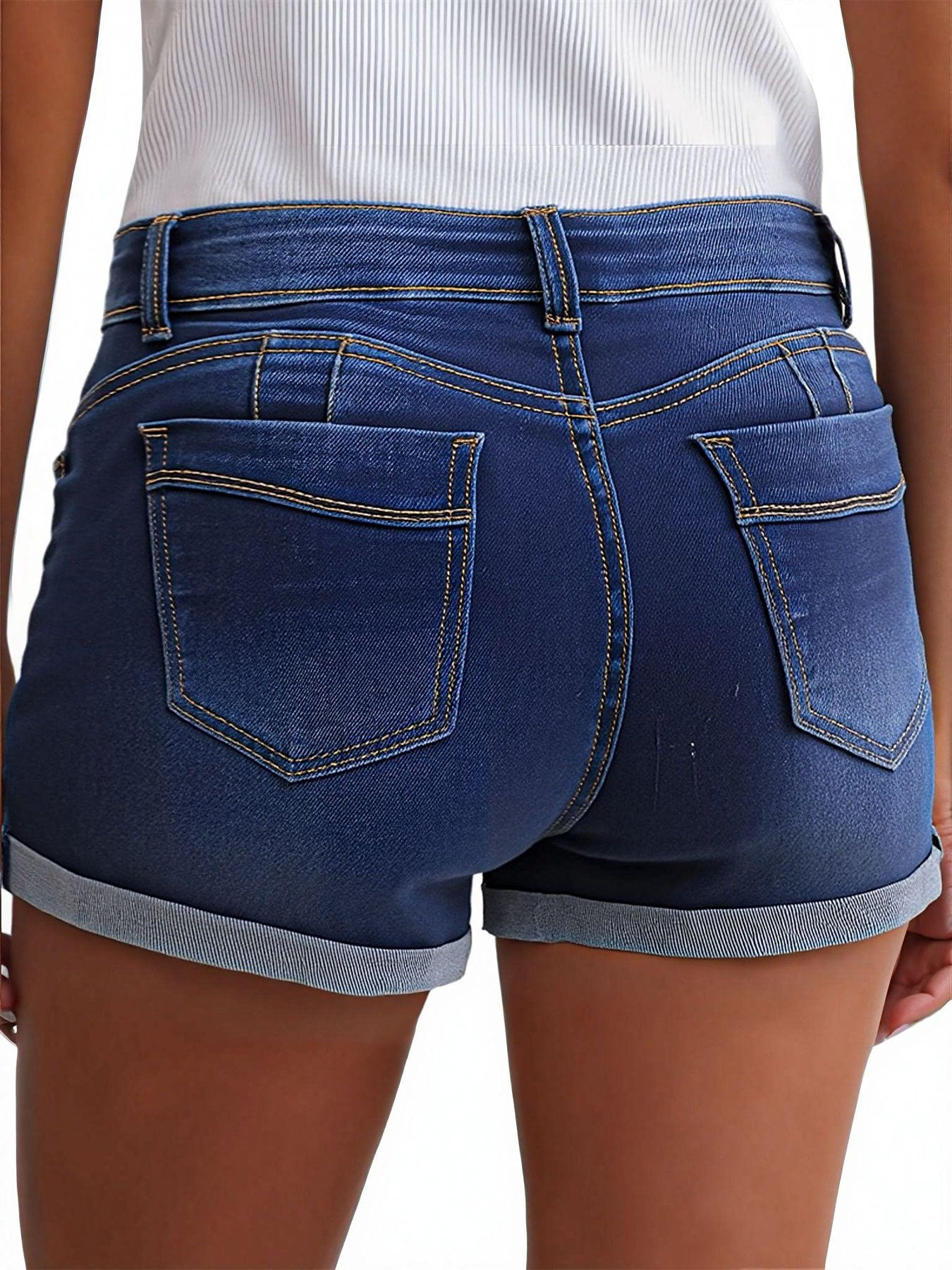 Classic Women'S Denim Shorts in a Vintage Mid-Blue Shade, Featuring Rolled Hems And an Exceptionally Comfortable Fit - a Casual Summer Fashion Trend