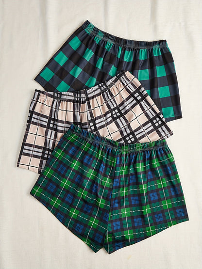 3pcs Plus Size Casual Clothing Shorts Set, Women's Plus Plaid Print Elastic Waist Stretchy Lounge Shorts 3pcs Set