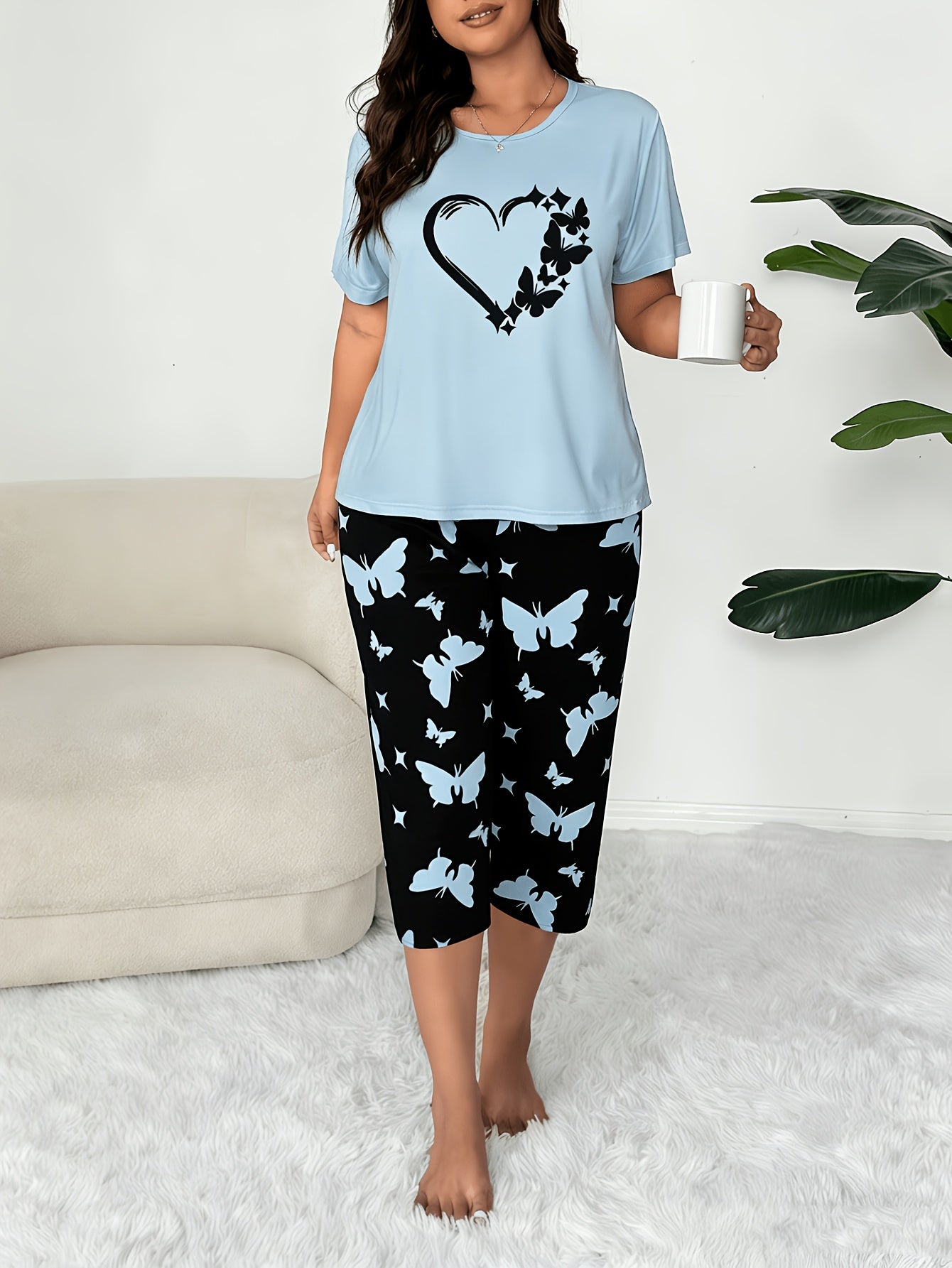 6pcs Plus-size Women's Short-sleeved Seven-inch Pants Pajama Set, Summer New Style, Floral, Butterfly, Heart Pattern - Suitable for Home Wear As An Outerwear Plus-size Outfit