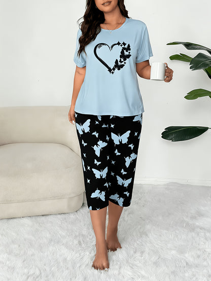 6pcs Plus-size Women's Short-sleeved Seven-inch Pants Pajama Set, Summer New Style, Floral, Butterfly, Heart Pattern - Suitable for Home Wear As An Outerwear Plus-size Outfit