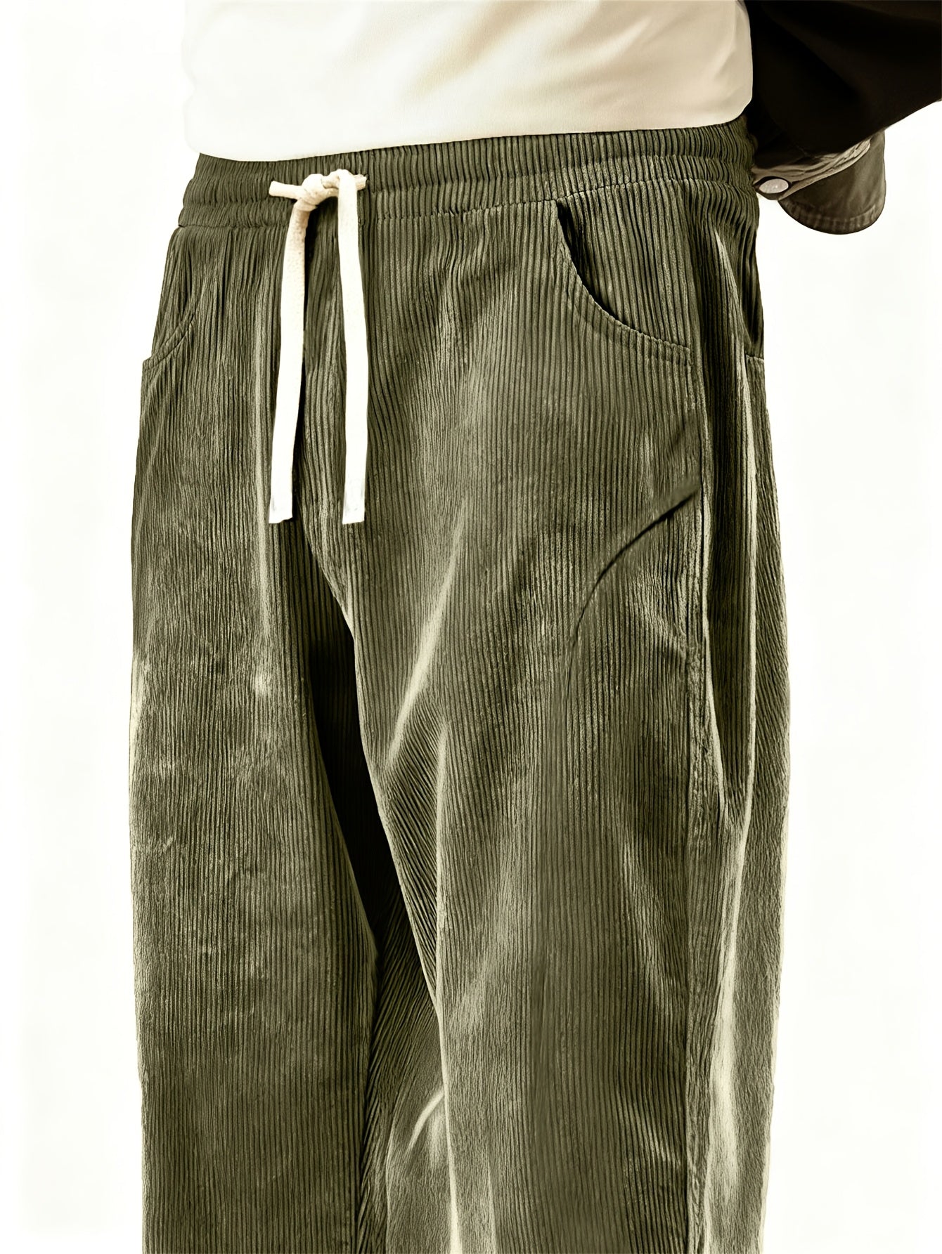 Men'S Solid Corduroy Straight Pants, Retro Pocket And Drawstring Waist, Breathable All-Season Trousers, Casual Daily And Workwear, Machine Washable, Comfortable Straight Fit Pants for Daily Activities