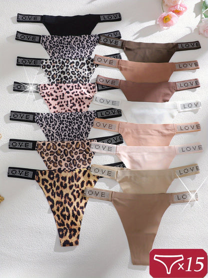 15pcs Pack Women' Ice Thong Panties - Low-Rise -String Underwear with Leopard Print & Hollow-Out Briefs, Soft Comfortable Non-Sheer Suitable for Casual Attire, Hand Washable Sexy Briefs