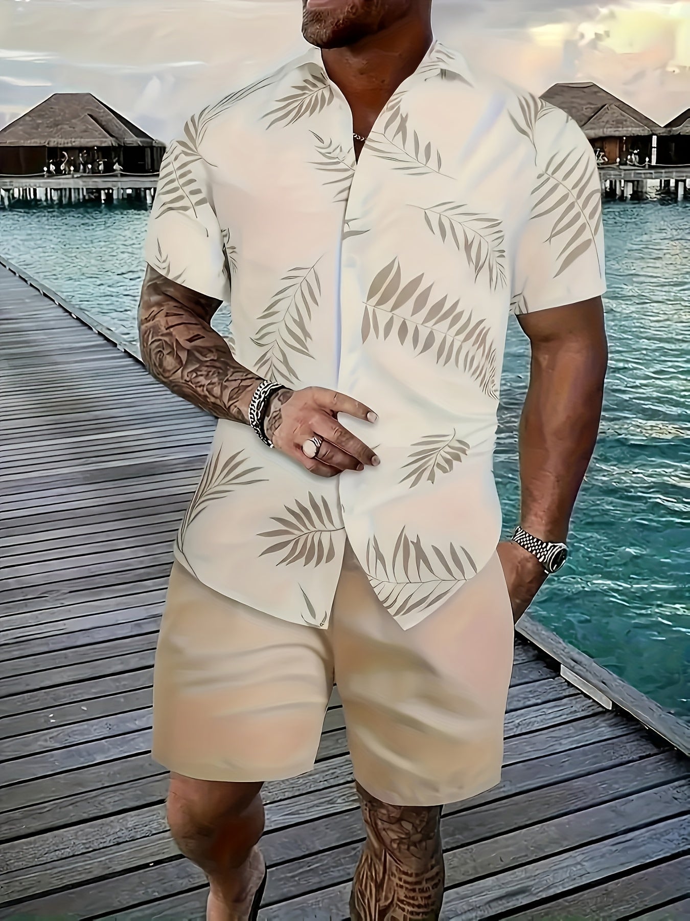 3pcs Men's Tropical Floral & Palm Tree Print Short Sleeve Shirts - Casual, Comfortable Summer Button-Up Dress Shirts in Black, White, & Beige - Perfect Gift for Him