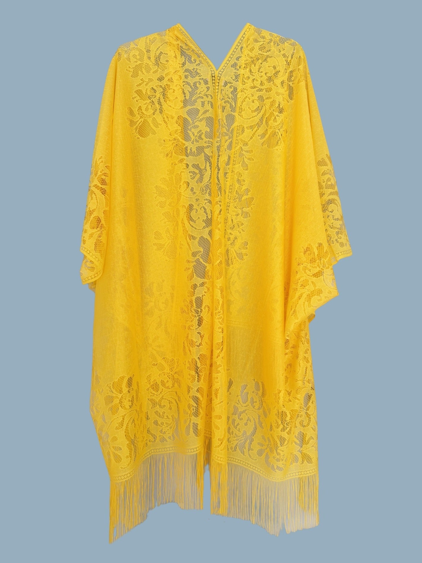 Woman's Plus Size Boho Cover Up, Lace Kimono, Women's Plus Floral Lace Batwing Sleeve Cover-Up, Open Front Tassel Trim Kimono, Lightweight Beach Cover Up
