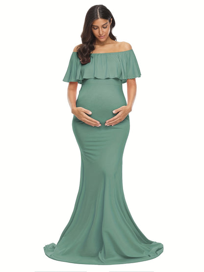 Womens Off Shoulder Maternity Dress Ruffles Elegant Slim Gowns Fit Maxi Photography Dress