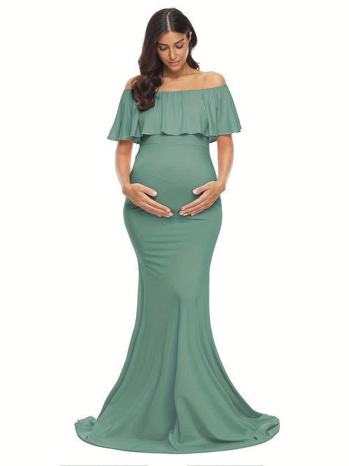 Womens Off Shoulder Maternity Dress Ruffles Elegant Slim Gowns Fit Maxi Photography Dress