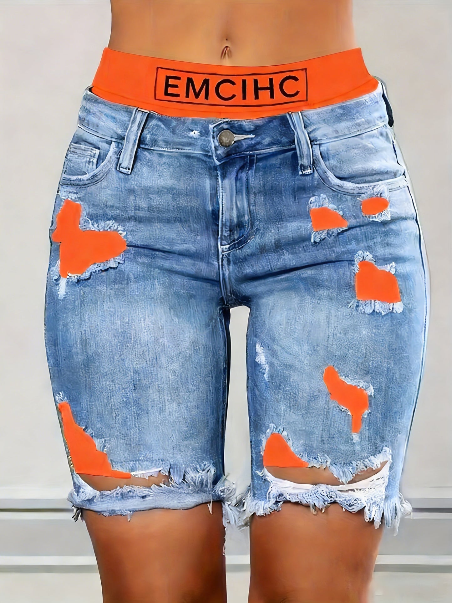 Denim Shorts: Color Block Printed Distressed Shorts/w Fitness Running Shorts