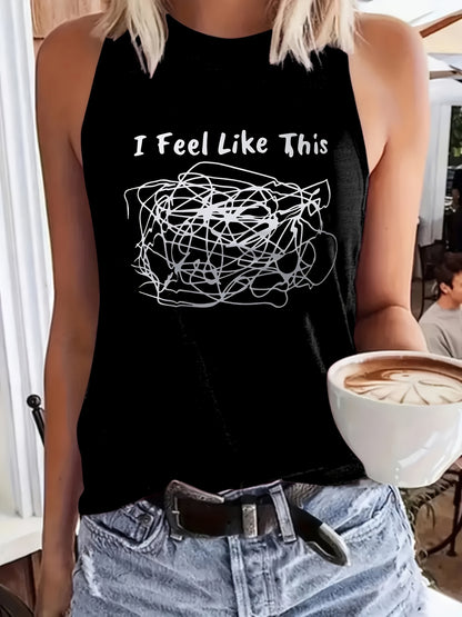 [Fun Cartoon Vest] I Feel Like This Scribble Women's Regular Vacation Vest - Fun Cartoon Letter Pattern Print, Round Neck Casual - Machine Washable, Fashionable and Versatile Women's Clothing